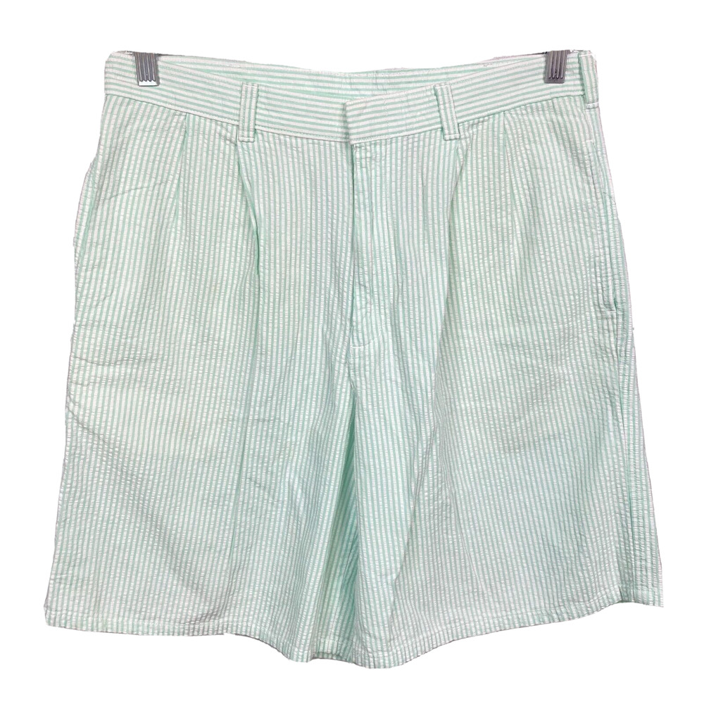 T Harris London Shorts Mens Sz 34 Green Striped Seersucker 100% Cotton‎ Casual